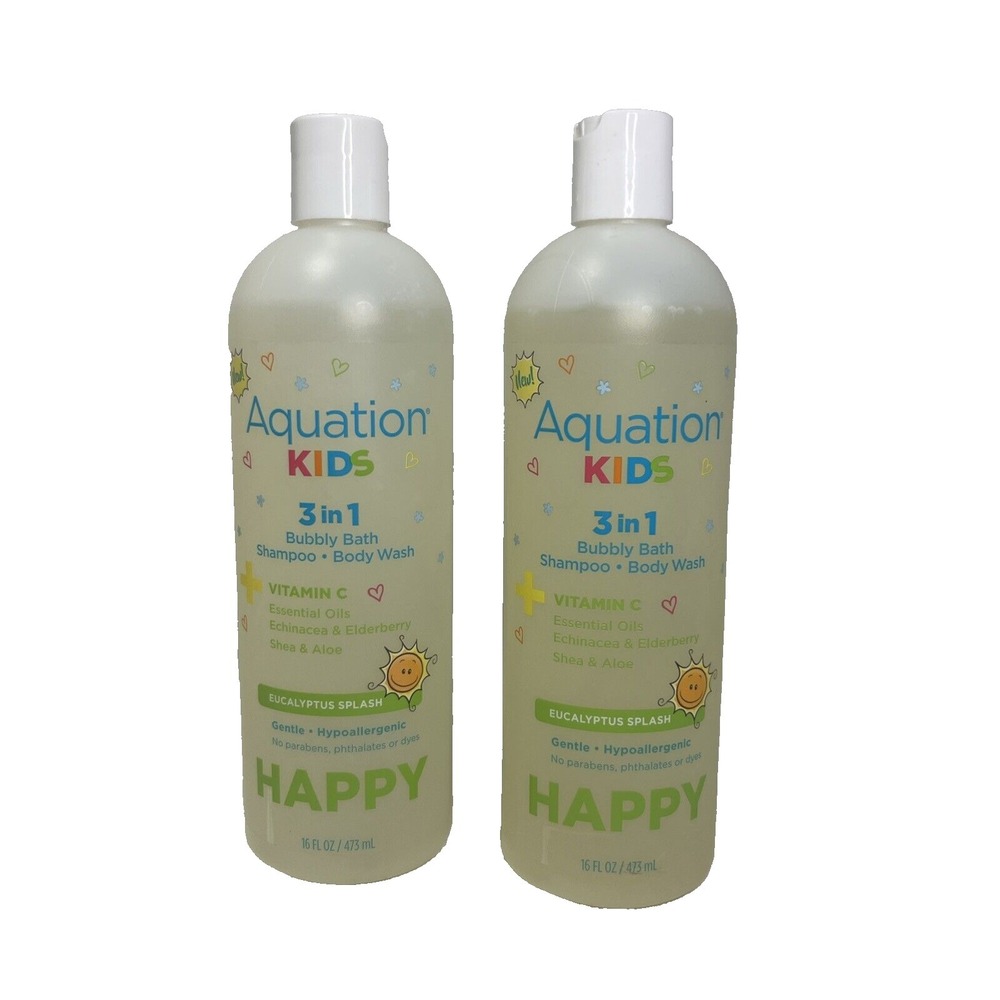 (2) Aquation Kids 3 in 1 HAPPY Bubbly Bath, Shampoo & Body Wash 16 Oz Eucalyptus